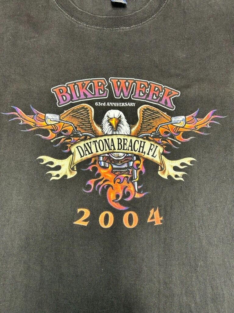 Vintage 2004 Daytona Bike Week Bald Eagle Flame Graphic T-Shirt Size 2XL Black