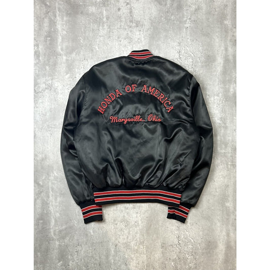 Vintage 80s Honda Of America Embroidered Satin Bomber Jacket Size Large Black