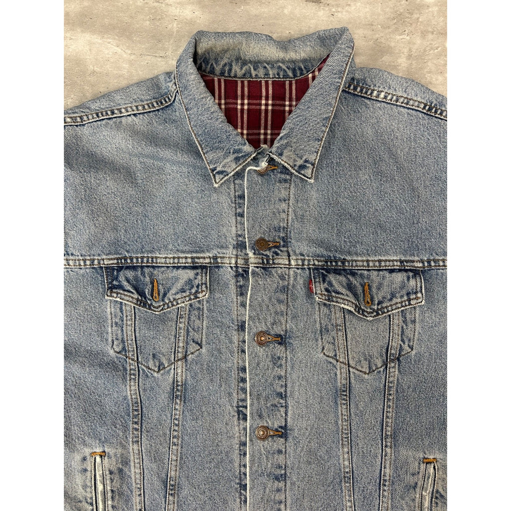 VTG 90s Levis Plaid Lined Red Tab Light Wash Denim Type 3 Trucker Jacket Size XL