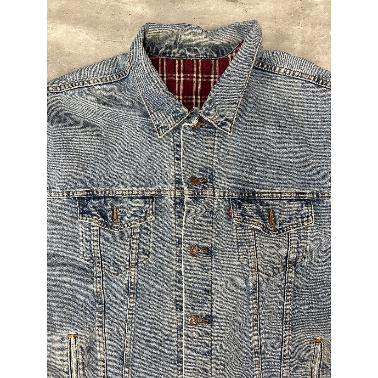 VTG 90s Levis Plaid Lined Red Tab Light Wash Denim Type 3 Trucker Jacket Size XL