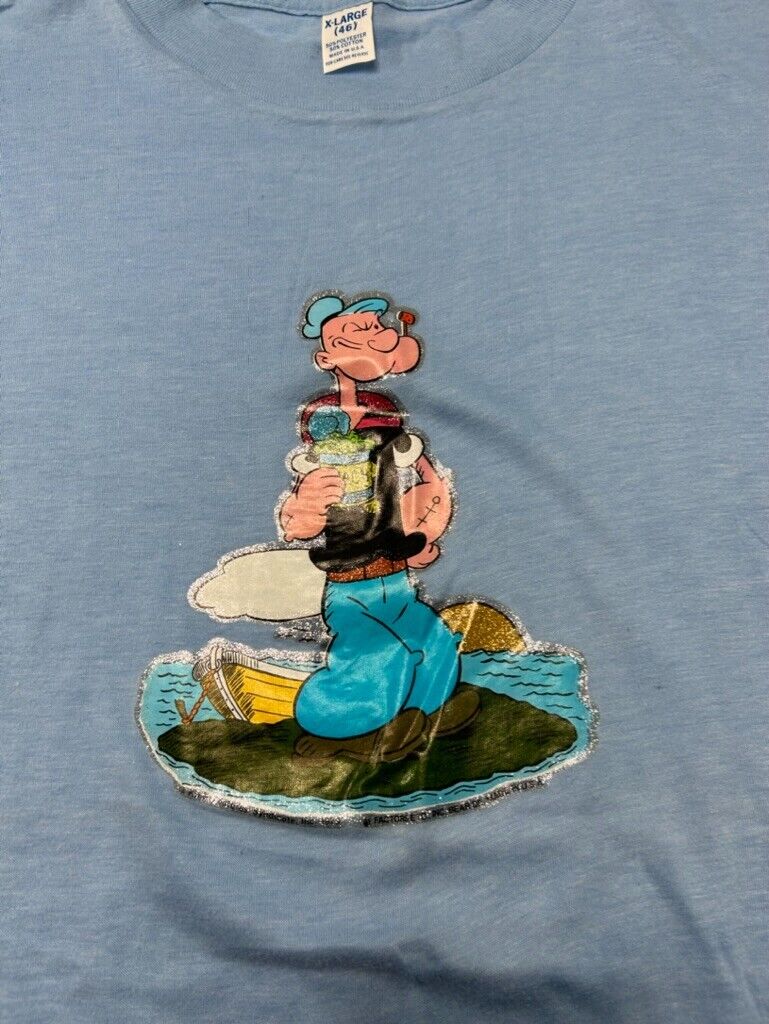 Vintage 1979 Popeye Cartoon Character Iron On Graphic T-Shirt Size XL Blue 70s