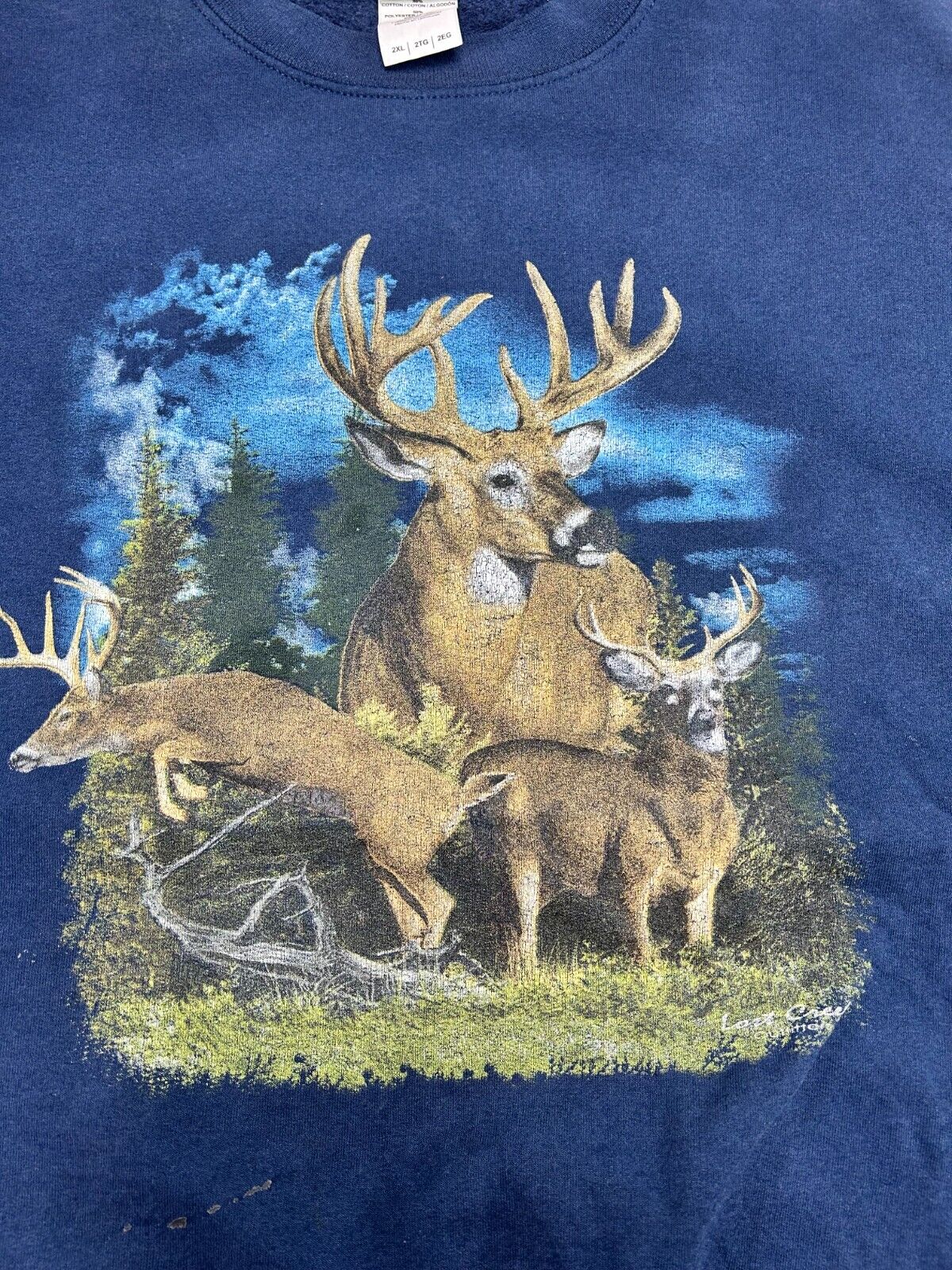 Vintage Lost Creek Deer Nature Graphic Crewneck Sweatshirt Size 2XL Navy Blue