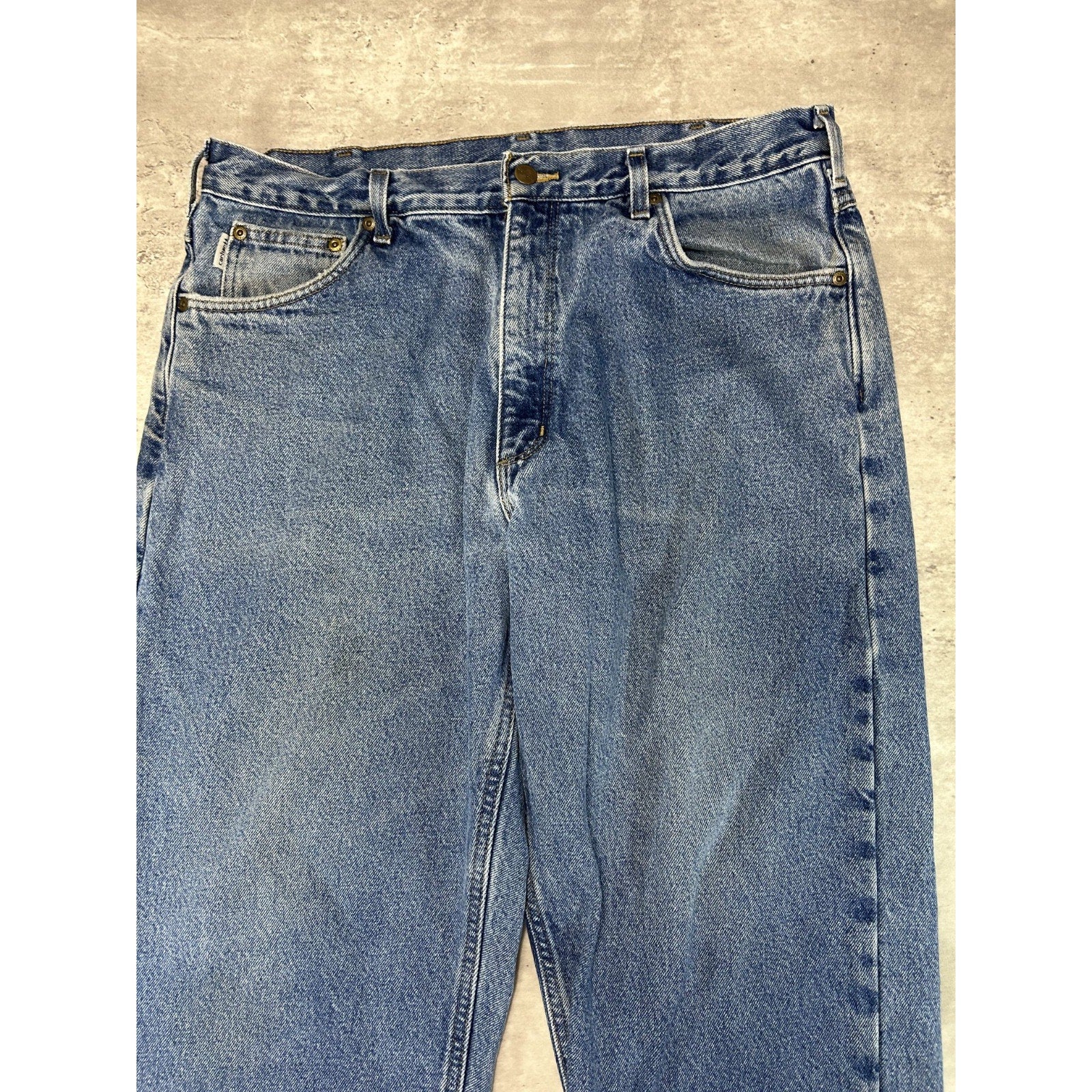 Vintage Carhartt Relaxed Fit Plaid Lined Medium Wash Workwear Denim Pants Sz 37W