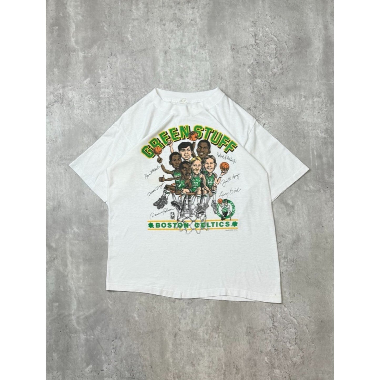 Vintage 80s Boston Celtics NBA Green Stuff Team Caricature T-Shirt Size Large