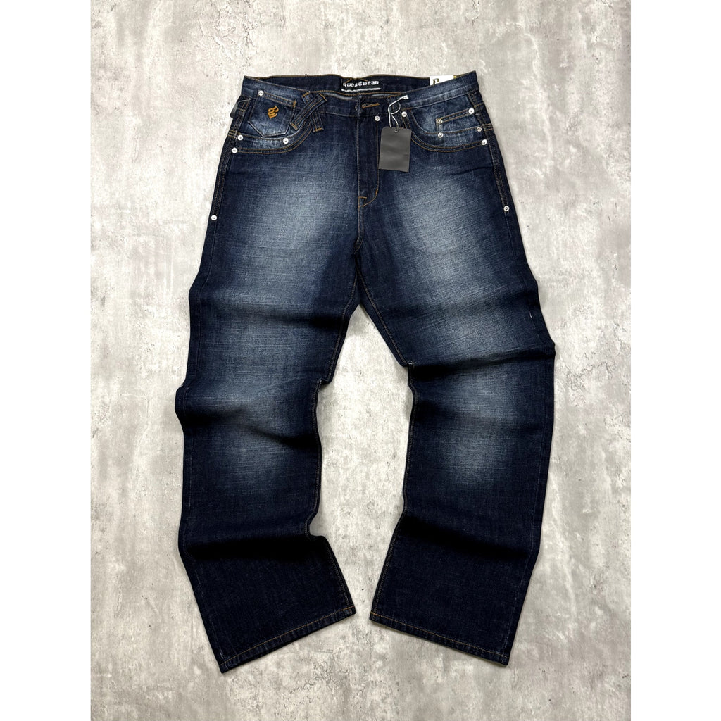 Vintage Y2K Rocawear Embroidered Pocket Skull Dark Wash Denim Pants