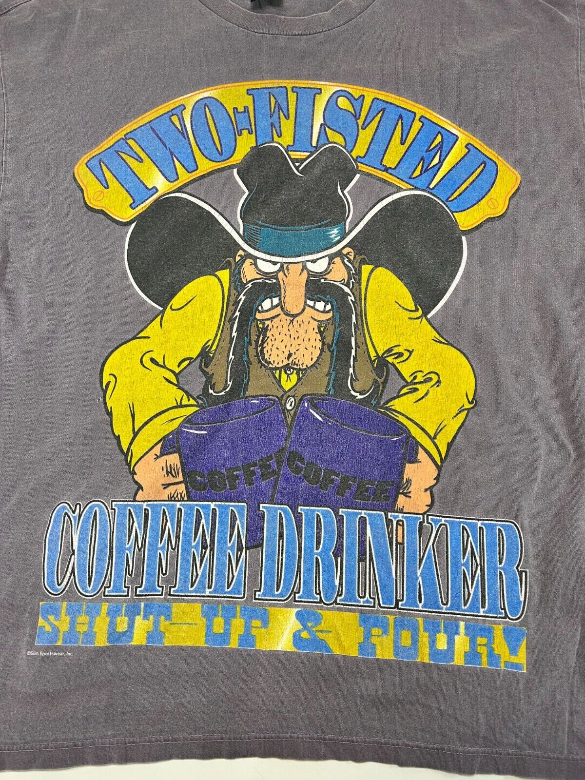 Vintage 90s Two Fisted Coffee Drinker Cartoon Cowboy Graphic T-Shirt Size XL