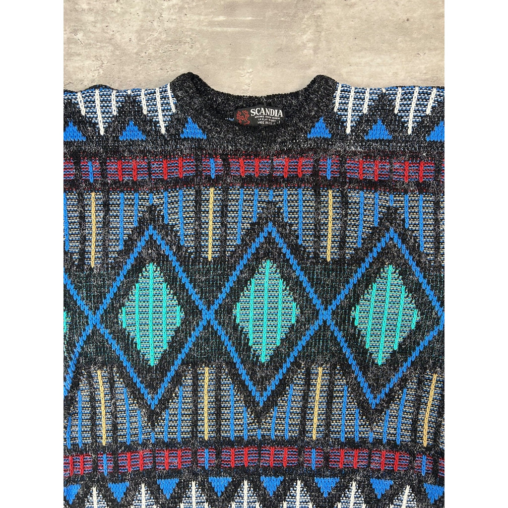Vintage 80s/90s Scandia Geometric Stripe Print Pullover Knit Sweater Size Large