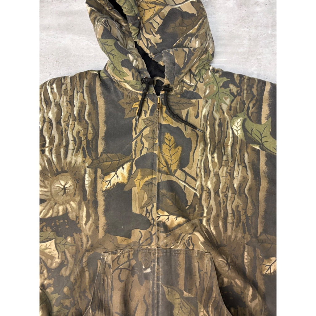 Vintage Insulated Tree Camo Hunting Hooded Bomber Jacket Size XL