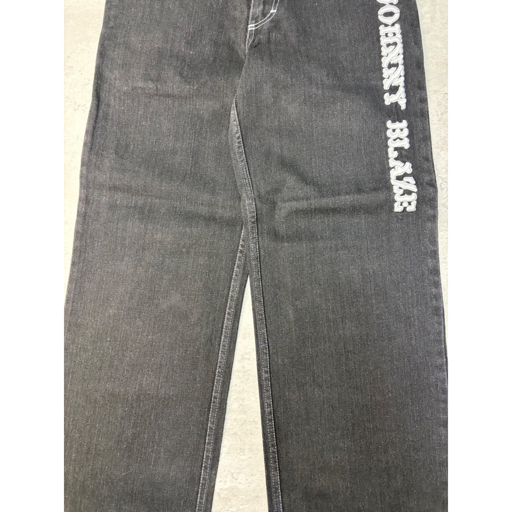 Y2K Womens Johnny Blaze Embroidered Spellout Black Wash Denim Pants 28x29