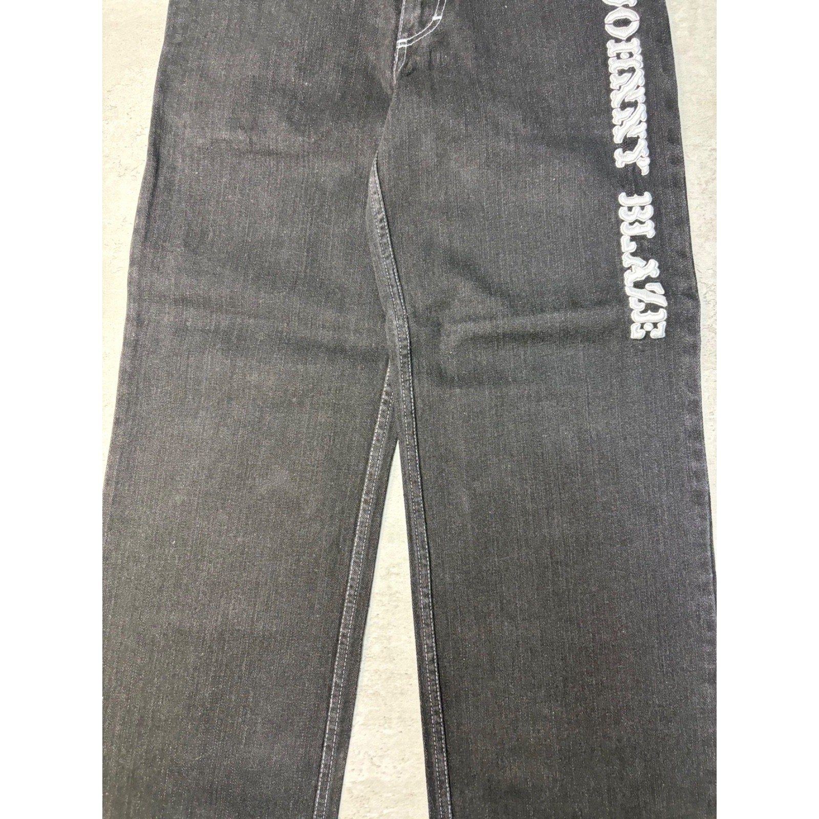 Y2K Womens Johnny Blaze Embroidered Spellout Black Wash Denim Pants 28x29