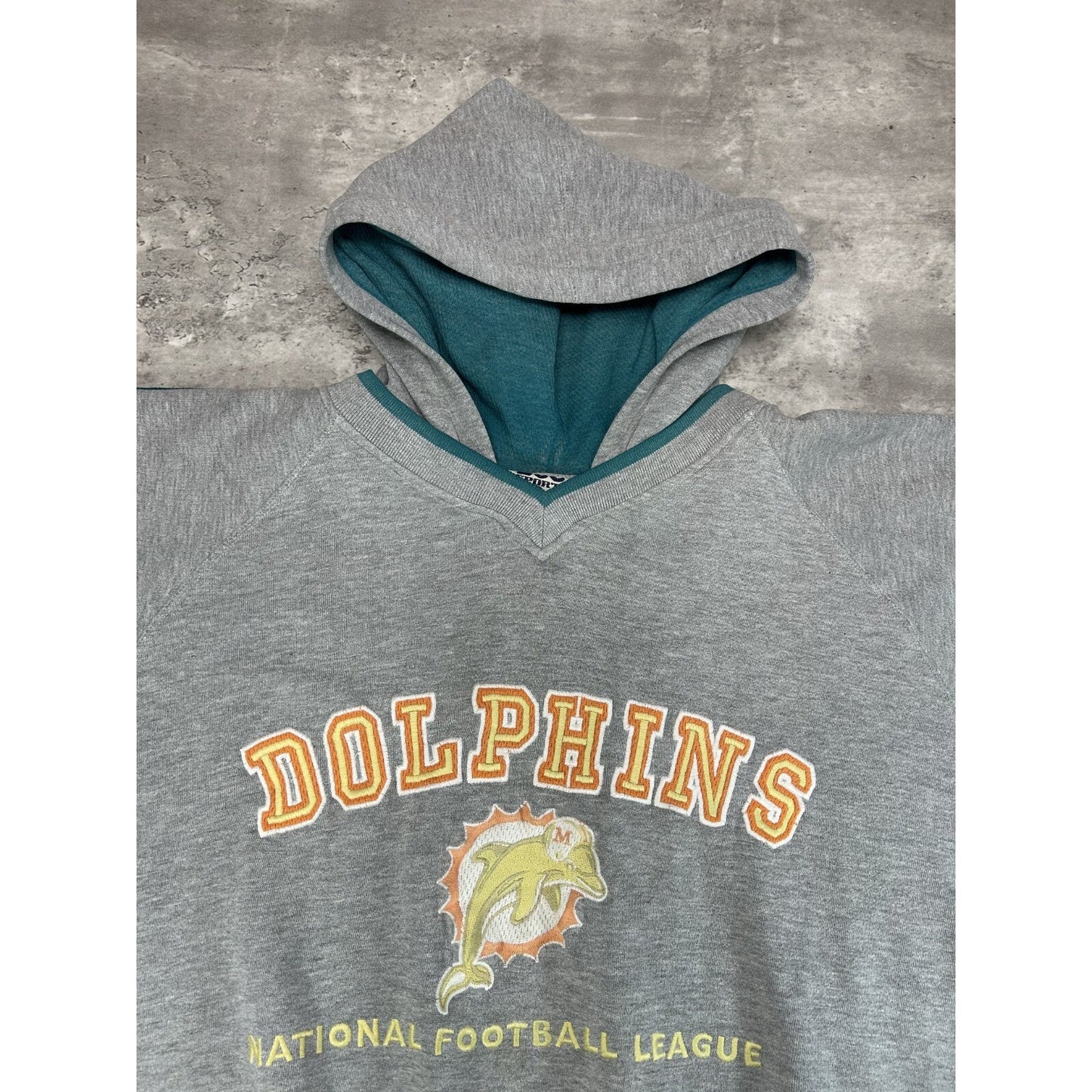 Vintage Miami Dolphins NFL Embroidered Spellout Hooded Sweatshirt Size Large