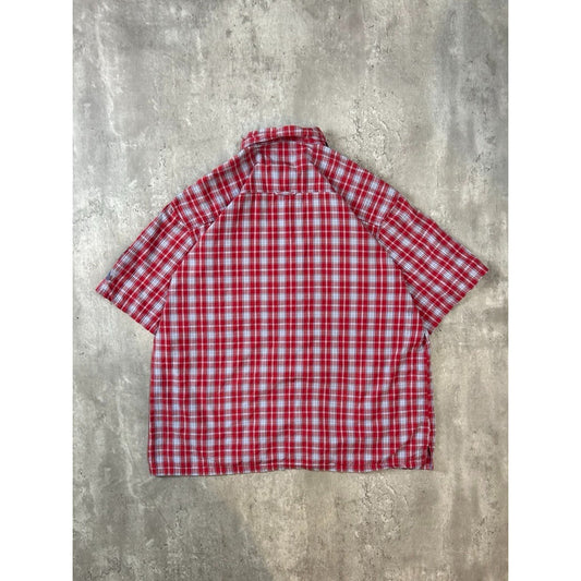 Vintage Bugle Boys Plaid Flower Print Short Sleeve Button Up Shirt Size XL Red