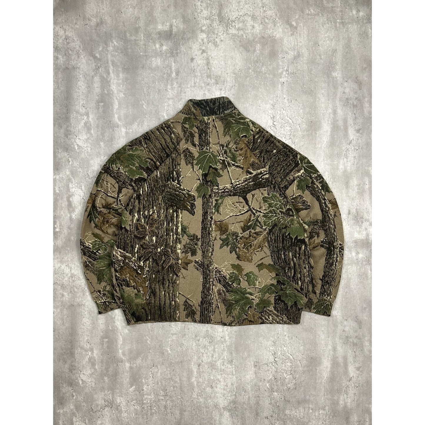 Vintage 80s/90s Saf-T-Bak Tree Camo Hunting 1/4 Button Knit Sweater Size 3XL