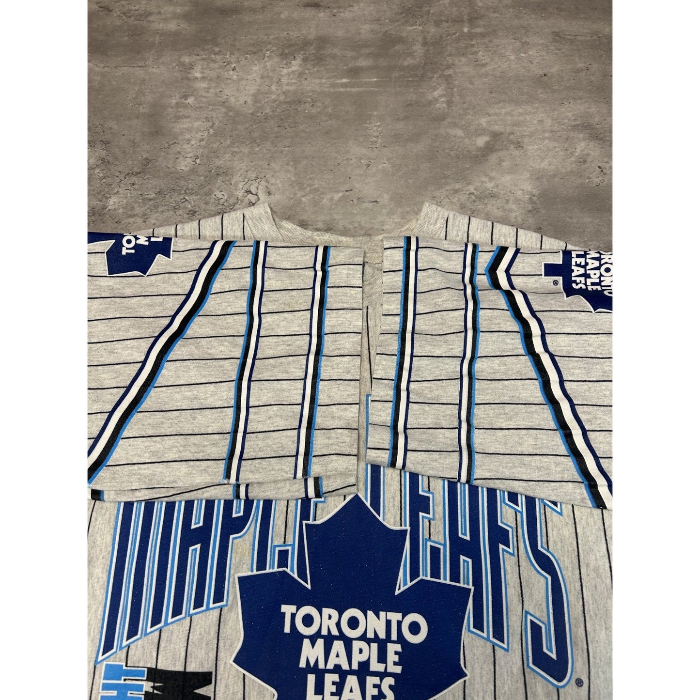 VTG 90s Toronto Maple Leafs NHL Pinstripe All Over Print 3/4 Sleeve T-Shirt Lg