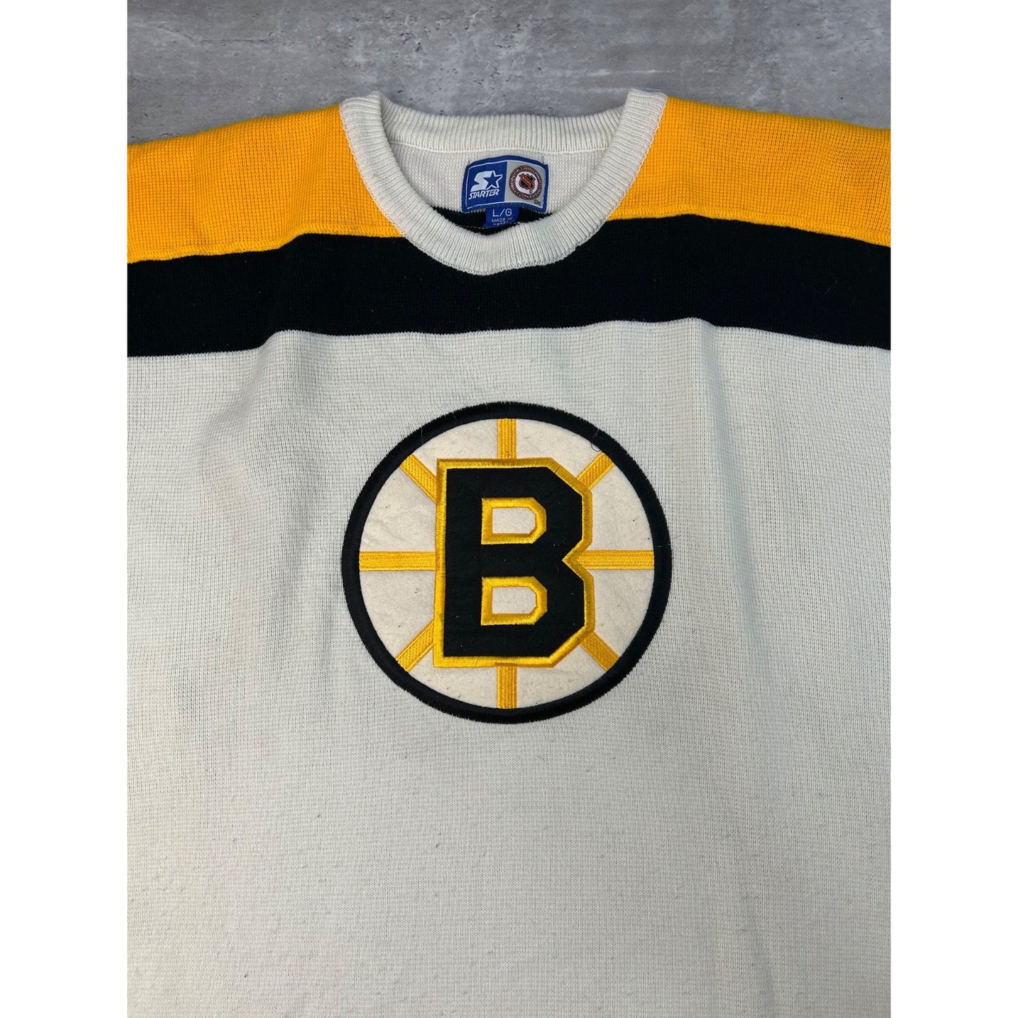 Vintage 90s Boston Bruins NHL Starter Jersey Style Knit Sweater Size Large