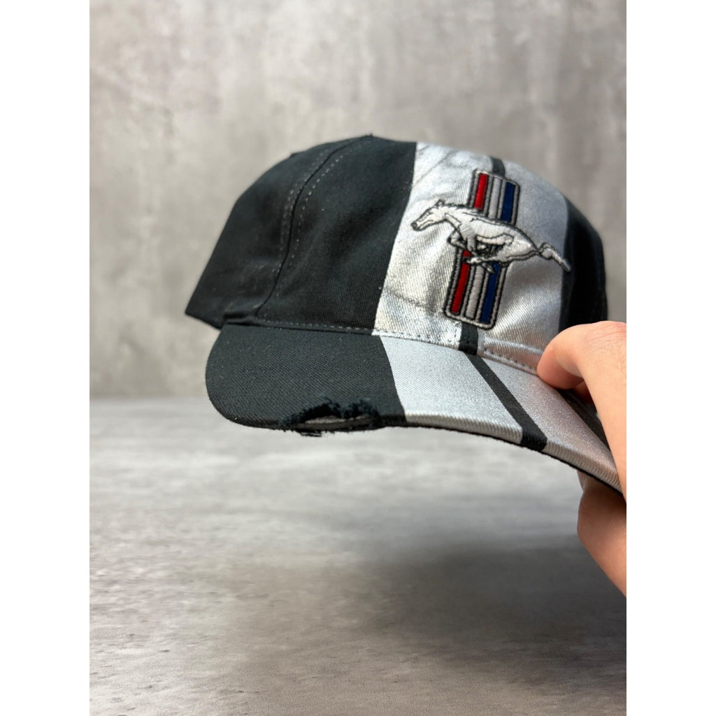 Vintage Ford Mustang Embroidered Logo Racing Stripe Strapback Hat OSFA