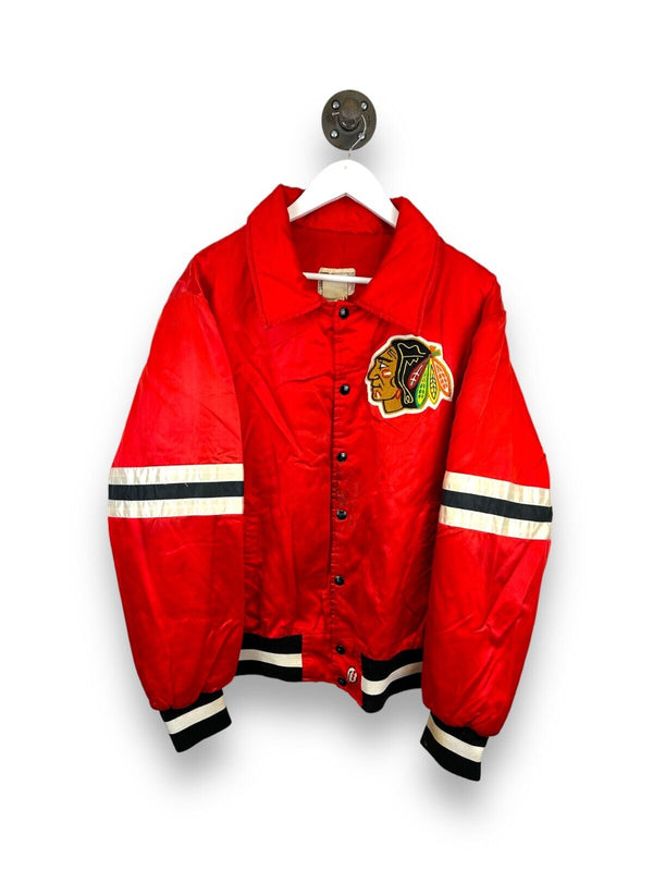Vintage 90s Chicago Blackhawks NHL Embroidered Satin Bomber Jacket Size XL Red