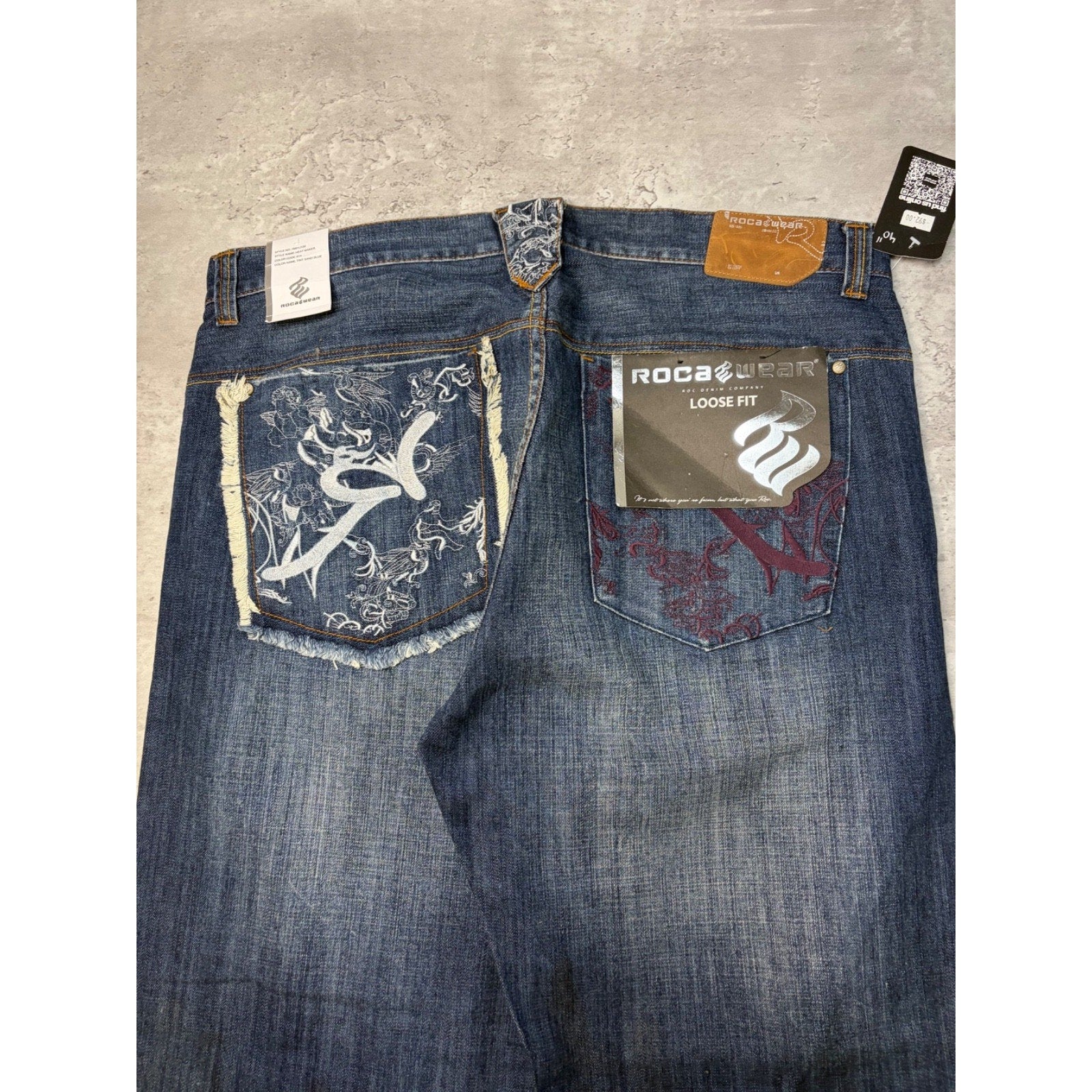 Vintage Y2K Rocawear Embroidered Pocket Dark Wash Denim Pants Size 40x34