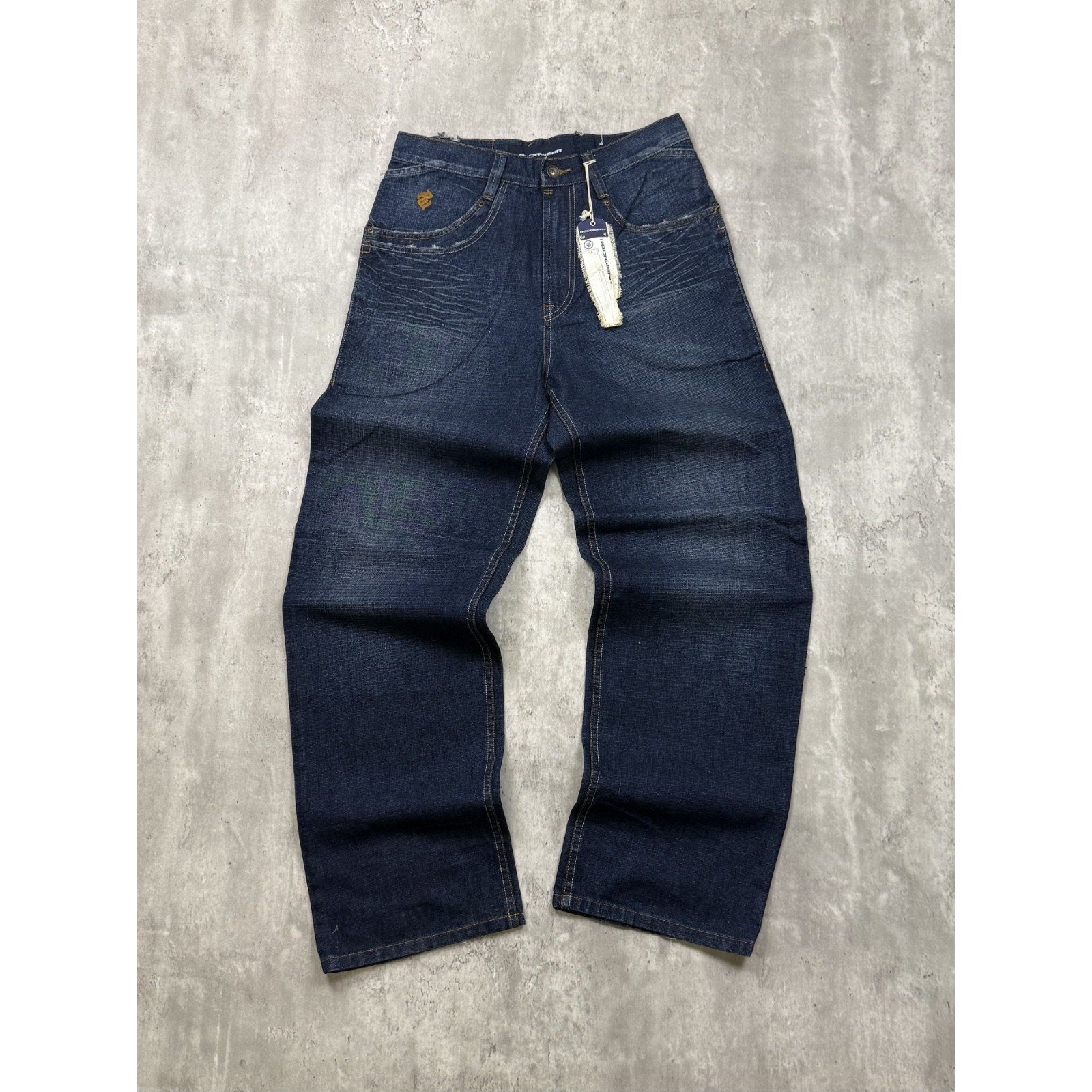 Vintage Y2K Rocawear Embroidered Pocket Logo Dark Wash Denim Pants Size 30x31