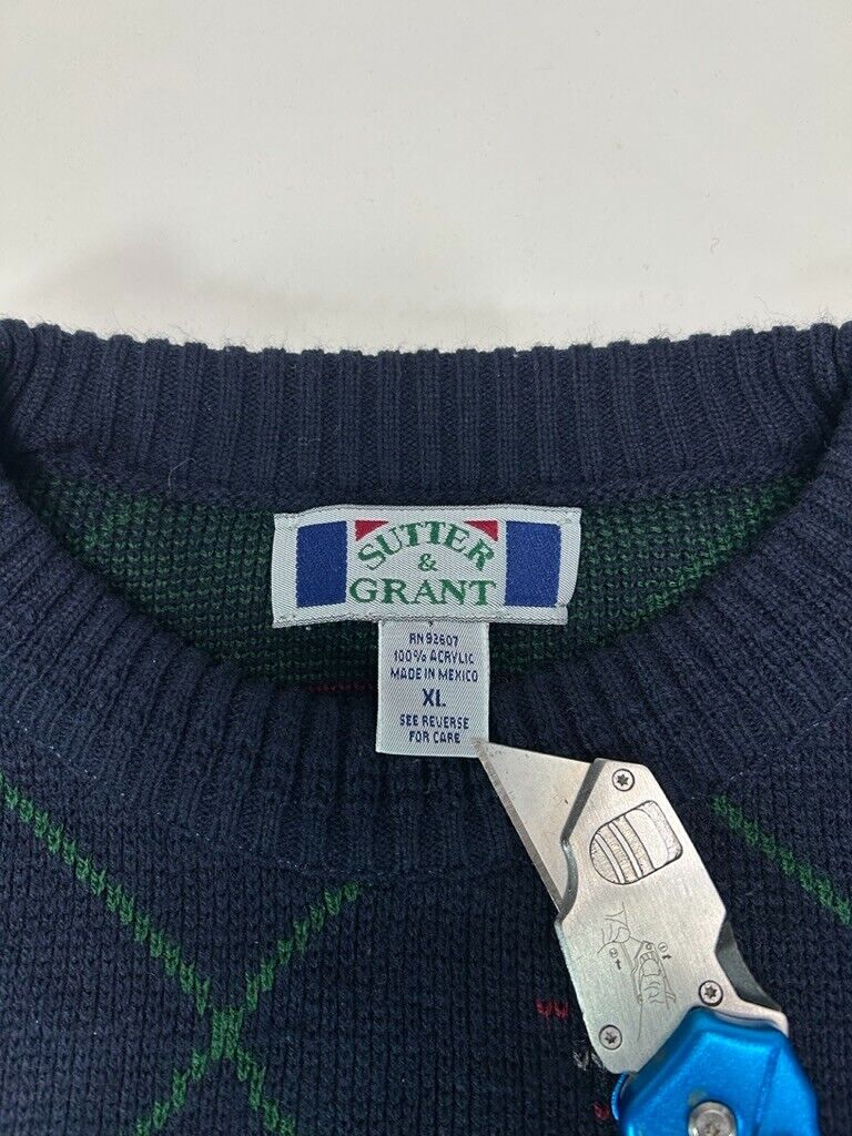 Vintage 90s Sutter & Grant Diamond Print Ribbed Pull Over Knit Sweater Size XL