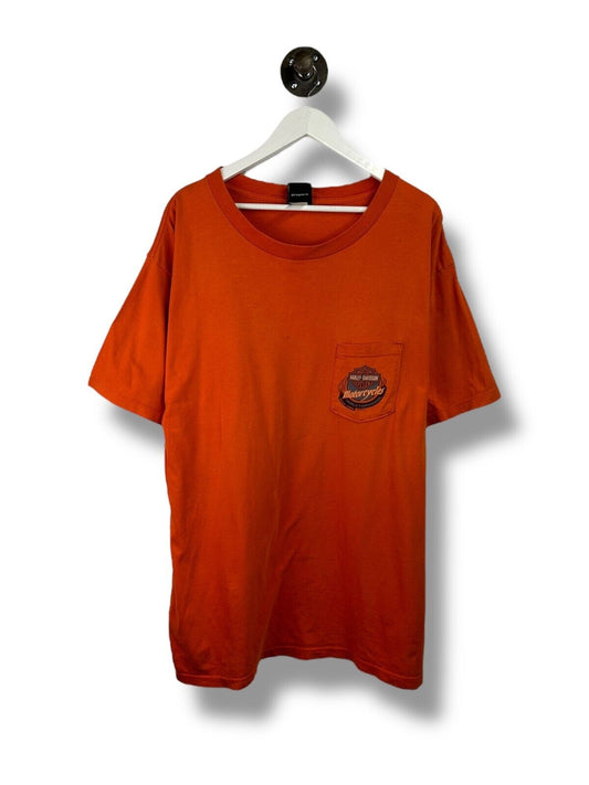 Vintage Harley Davidson Motorcycles Logo Graphic Pocket T-Shirt Size 2XL Orange