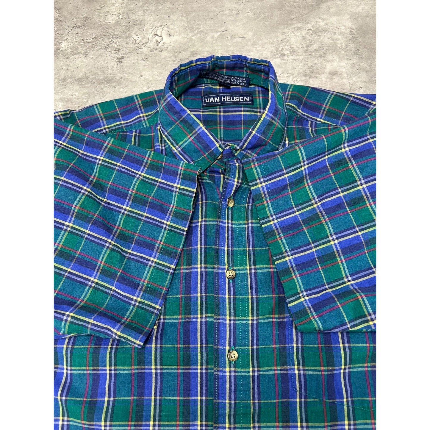 Vintage Van Heusen Plaid Short Sleeve Cropped Reworked Button Up Shirt Sz Large