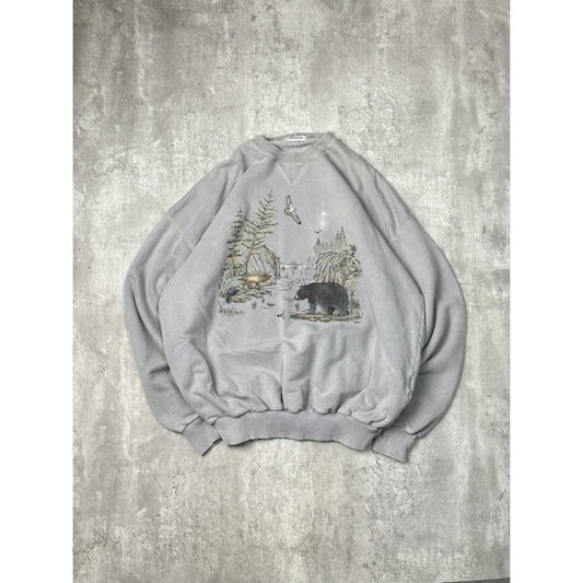 Vintage Bear River Landscape Nature Wildlife Graphic Sweatshirt Size XL Gray