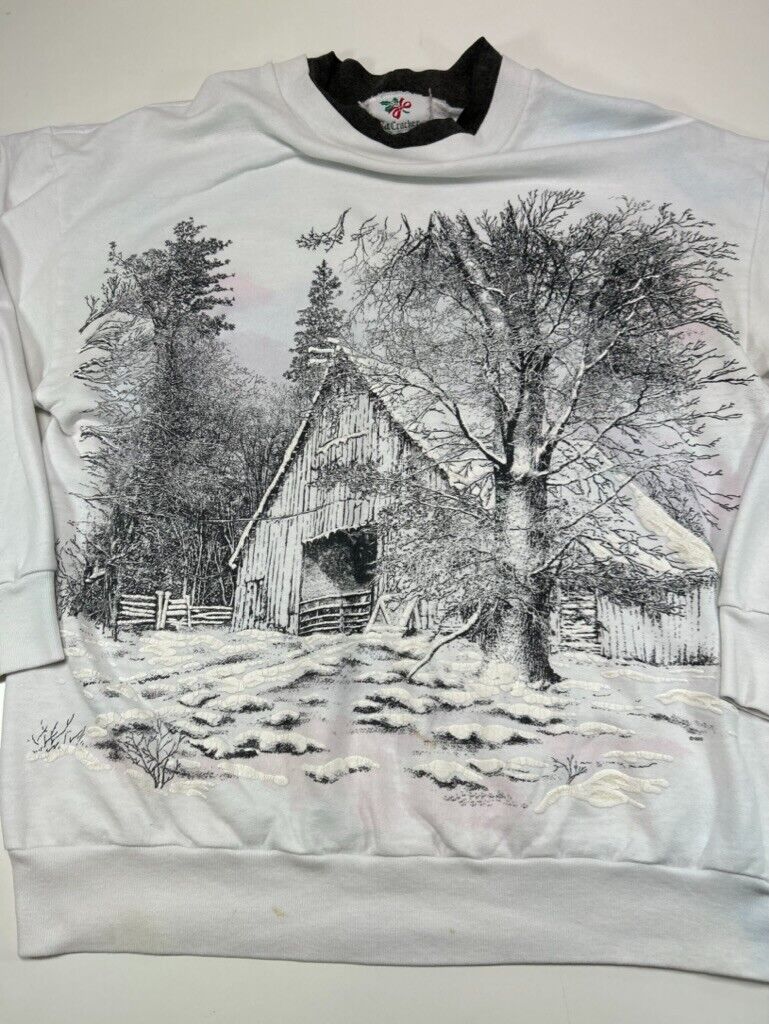 Vintage 1995 Winter Landscape Big Graphic Sweatshirt Size Medium White 90s