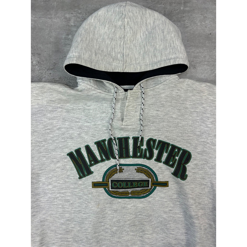 Vintage 90s Manchester College Collegiate Spellout Hooded Sweatshirt Size XL
