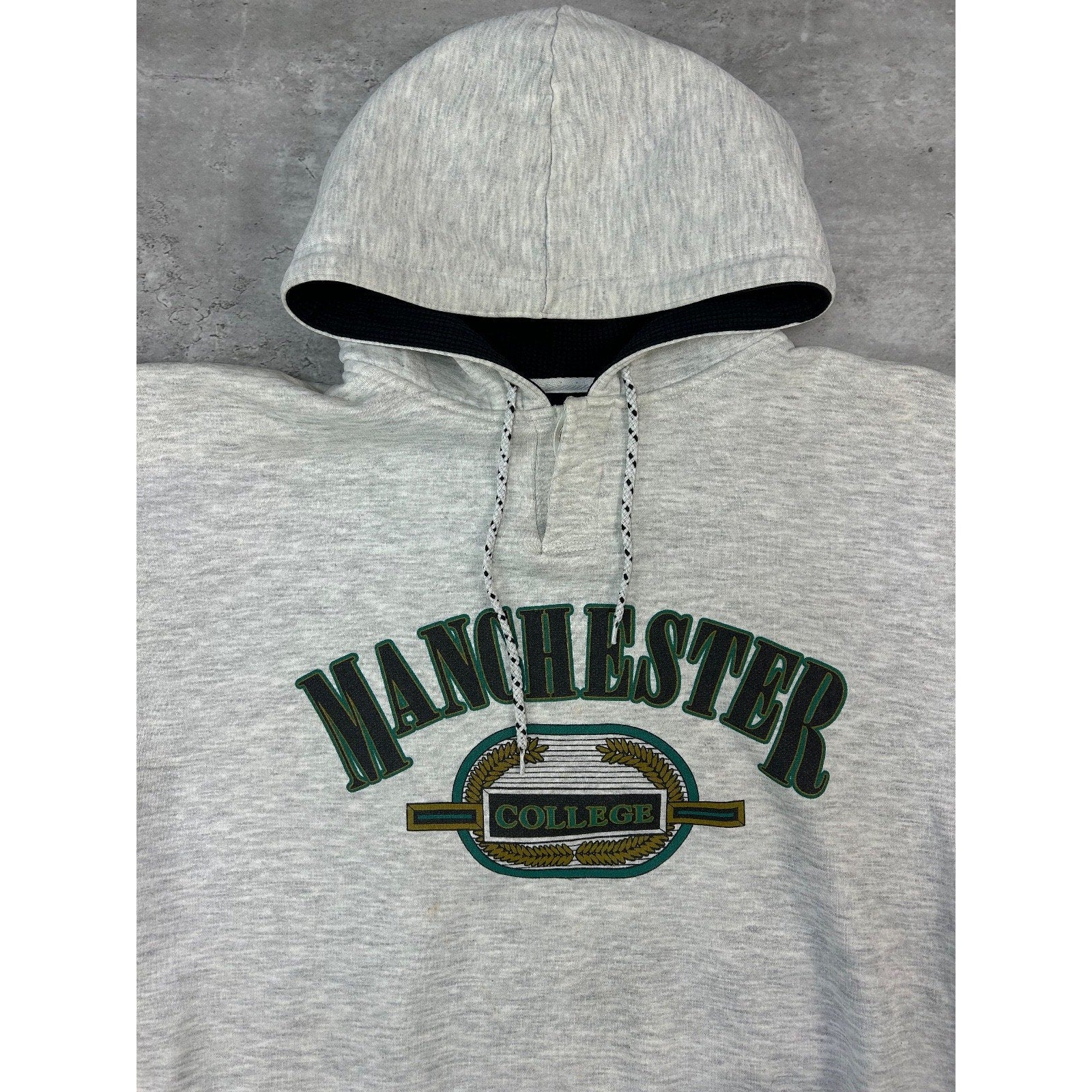 Vintage 90s Manchester College Collegiate Spellout Hooded Sweatshirt Size XL