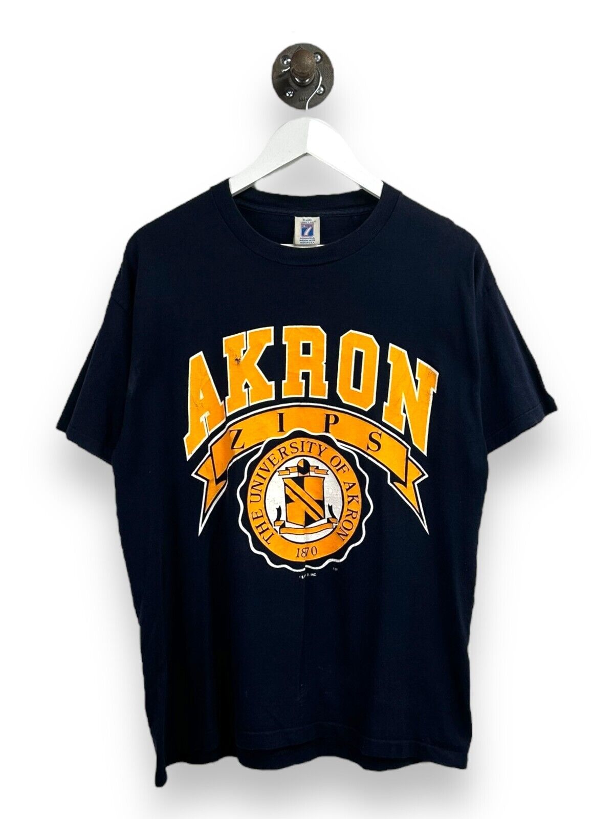 Vintage 90s Akron Zips NCAA Collegiate Crest Graphic T-Shirt Size Large Blue