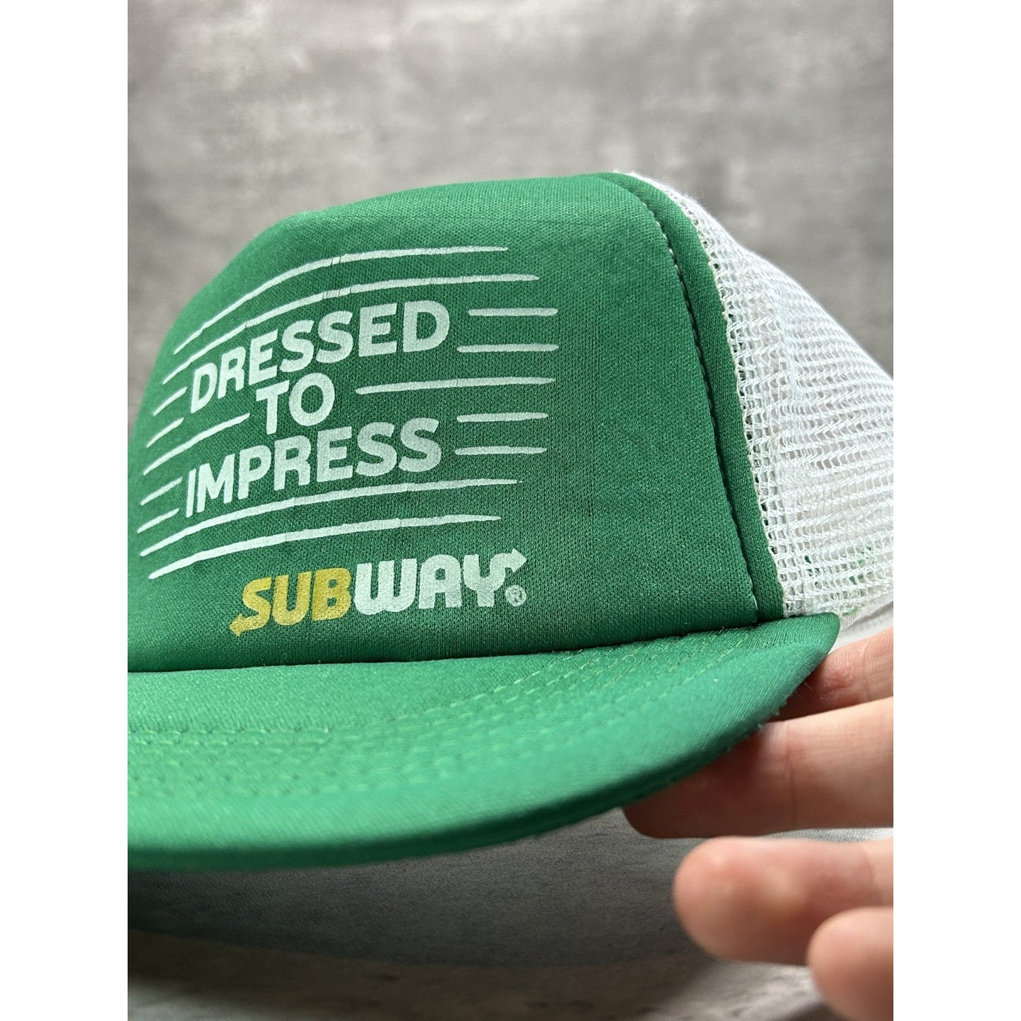 Vintage 90s Subway Dress To Impress Graphic Spellout Trucker Snapback Hat OSFA