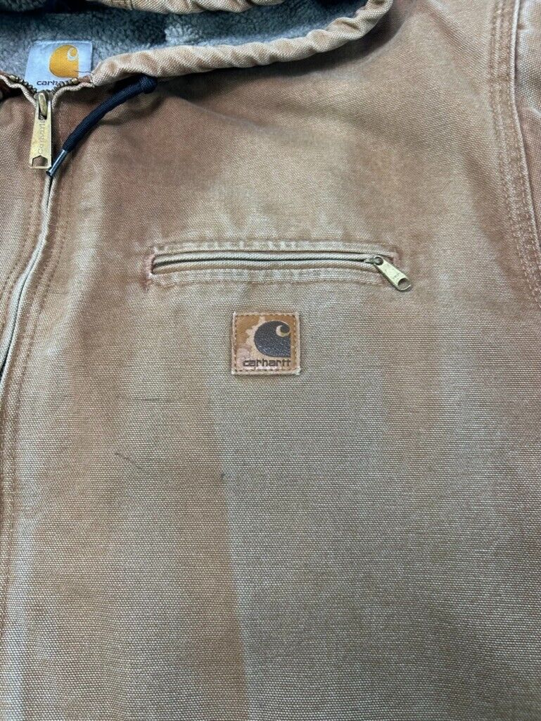 Vtg Carhartt Fleece Lined Canvas Workwear Hooded Detroit Jacket Sz XL J141BRN