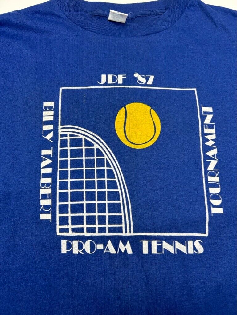 Vintage 1987 JDF Pro AM Tennis Tournement Graphic T-Shirt Size Large Blue