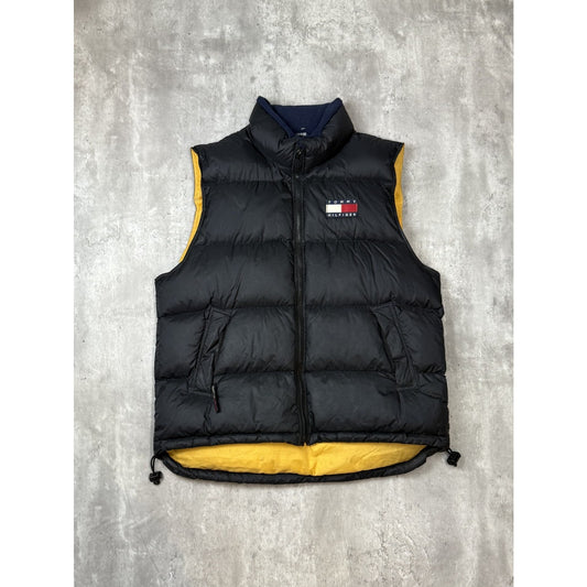 Vintage Tommy Hilfiger Embroidered Flag Full Zip Puffer Vest Size Large Black