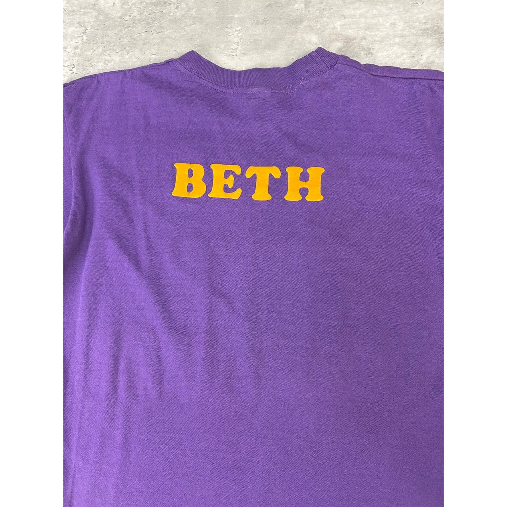 Vintage 80s Bleacher Jocks Felt Spellout Graphic T-Shirt Size Medium Purple