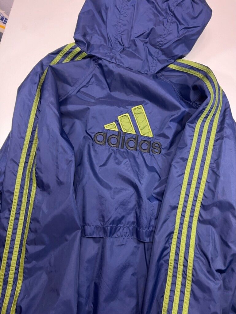 Vintage 90s Adidas Trefoil Three Stripe Windbreaker Hooded Jacket Size XL Blue