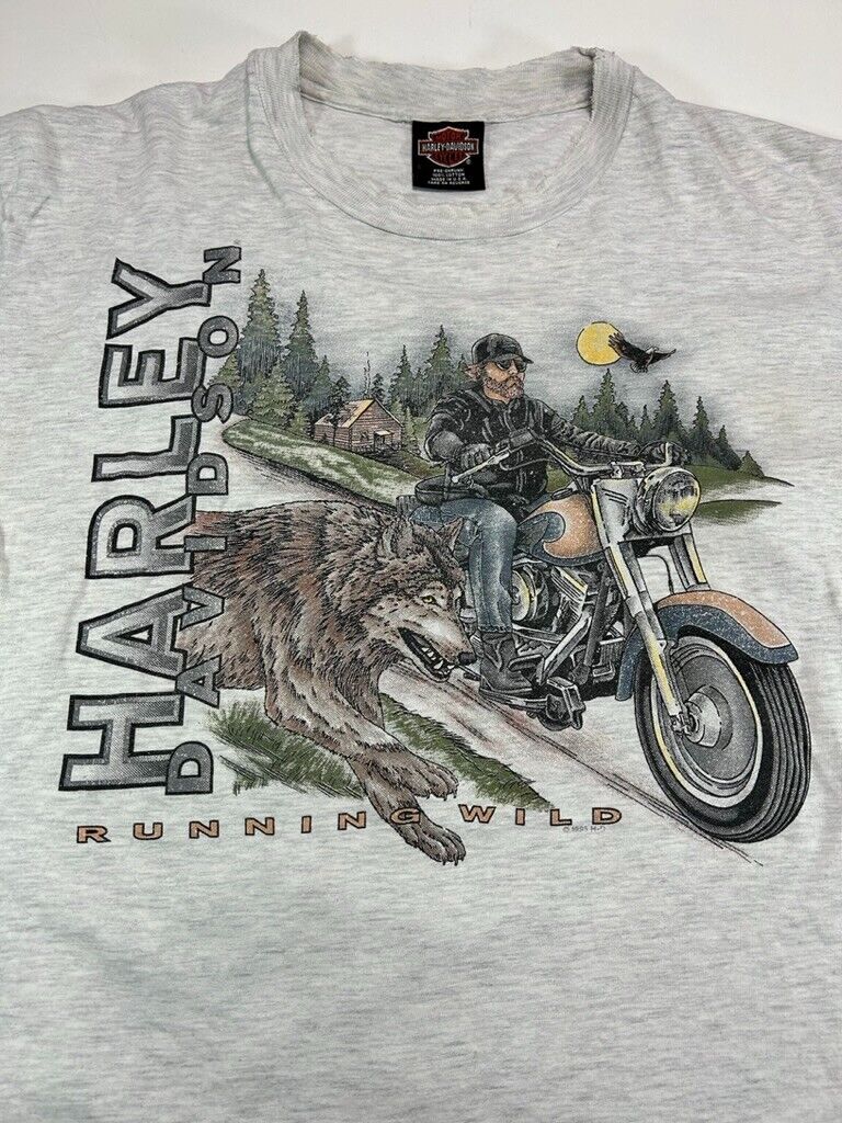 Vintage 1995 Harley Davidson Running Wild Wolf Biker Graphic T-Shirt Size Large