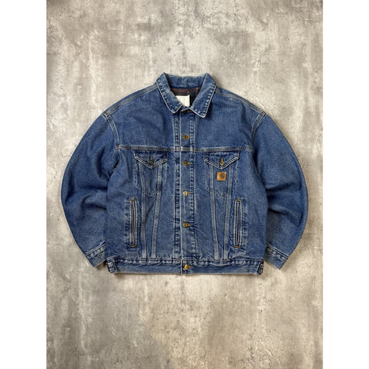 Vintage 90s Carhartt Blanket Lined Workwear Denim Trucker Jacket Size Large