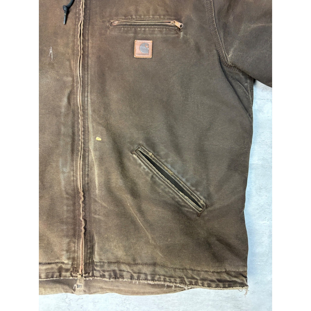Vintage Carhartt Fleece Lined Canvas Brown Hooded Detroit Jacket Size Large