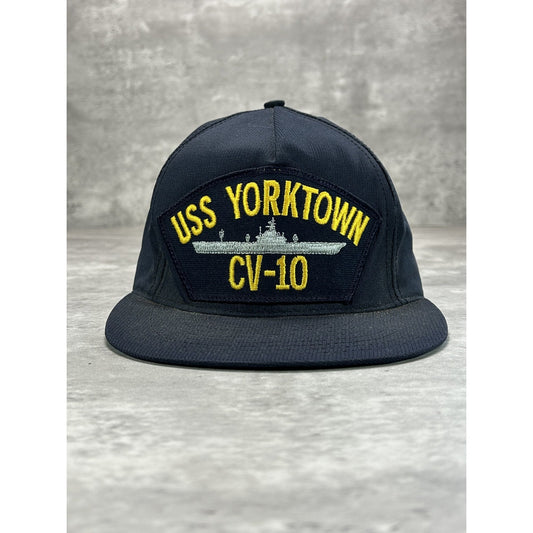 Vintage 90s USS Yorktown US Navy Embroidered Spellout Snapback Hat OSFA Blue