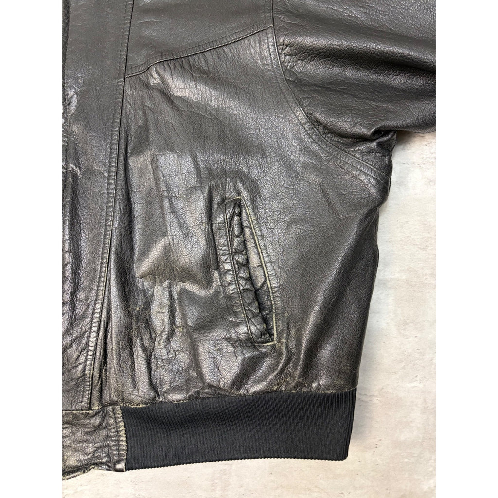 Vintage Leather Globe Pattern Lined Full Zip Bomber Jacket Size XL