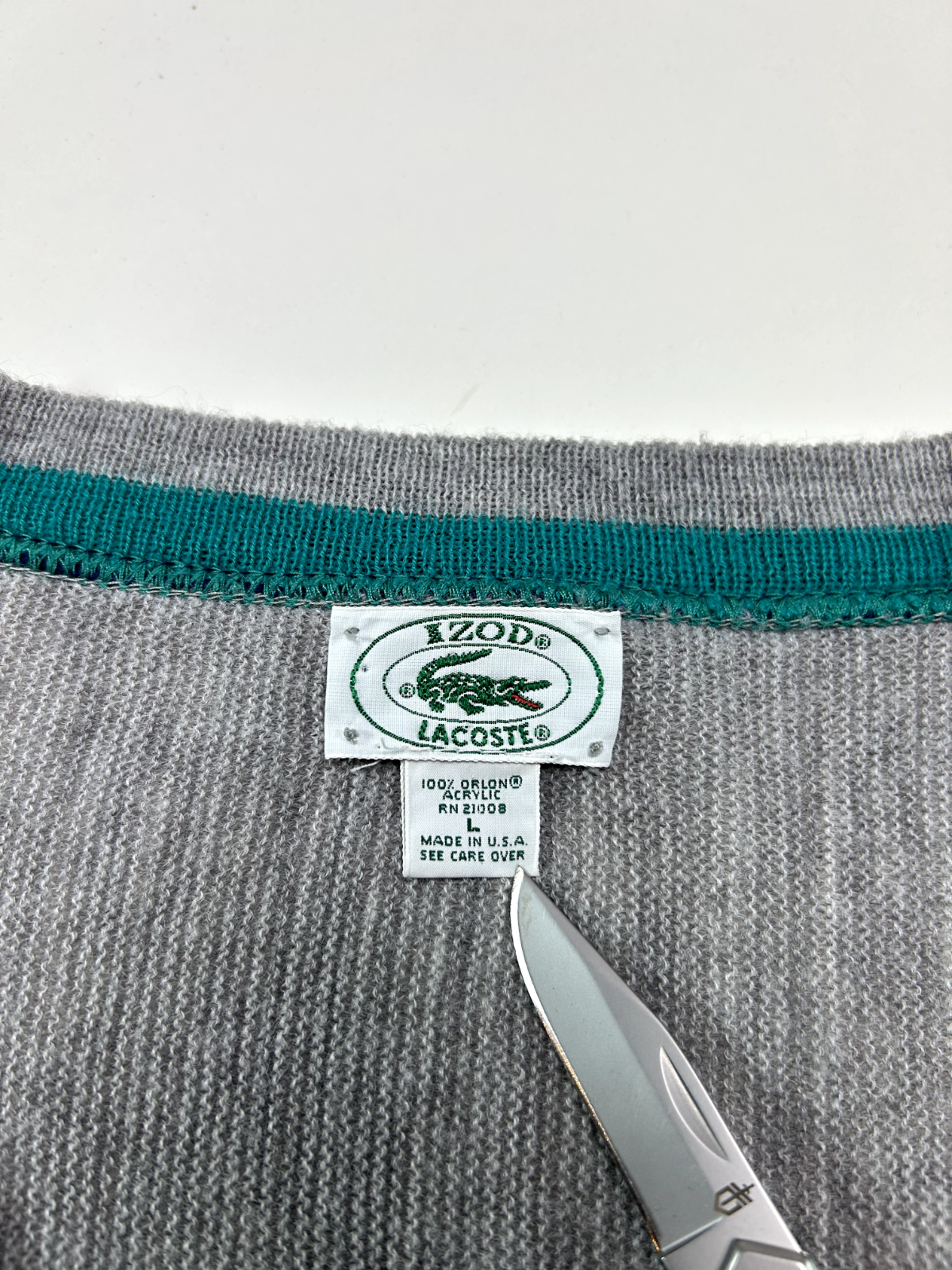 Vintage 90s Izod Lacoste V Neck Knit Sweater Size Large Gray