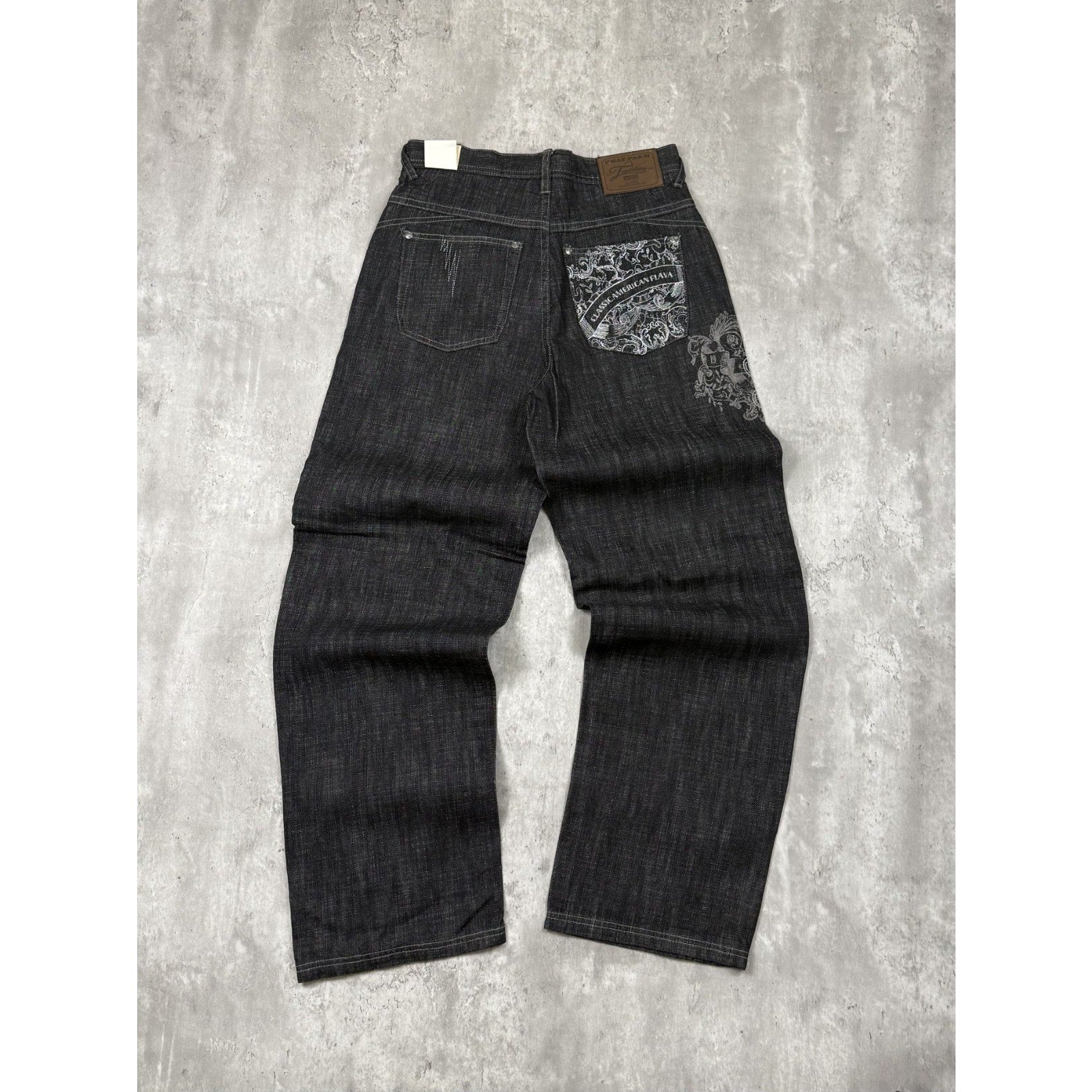 Vintage Y2K Womens Phat Farm Embroidered Graphic Black Wash Denim Pants Sz 29x31