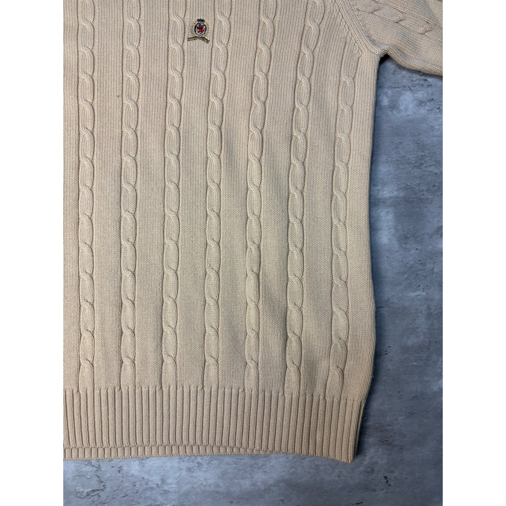 Vintage Tommy Hilfiger Embroidered Crest Pullover Beige Knit Sweater Size Large