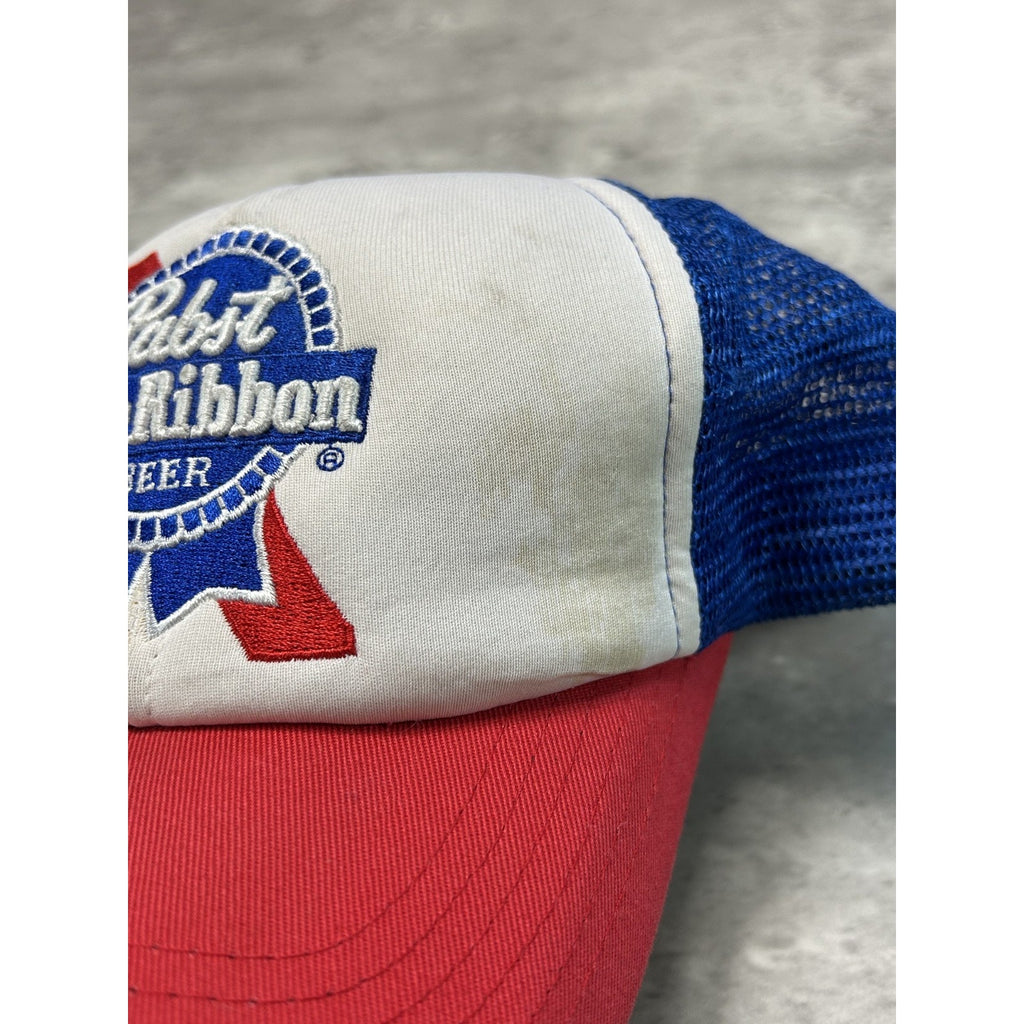 Vintage 90s Pabst Blue Ribbon Embroidered Beer Promo Trucker Snapback Hat OSFA