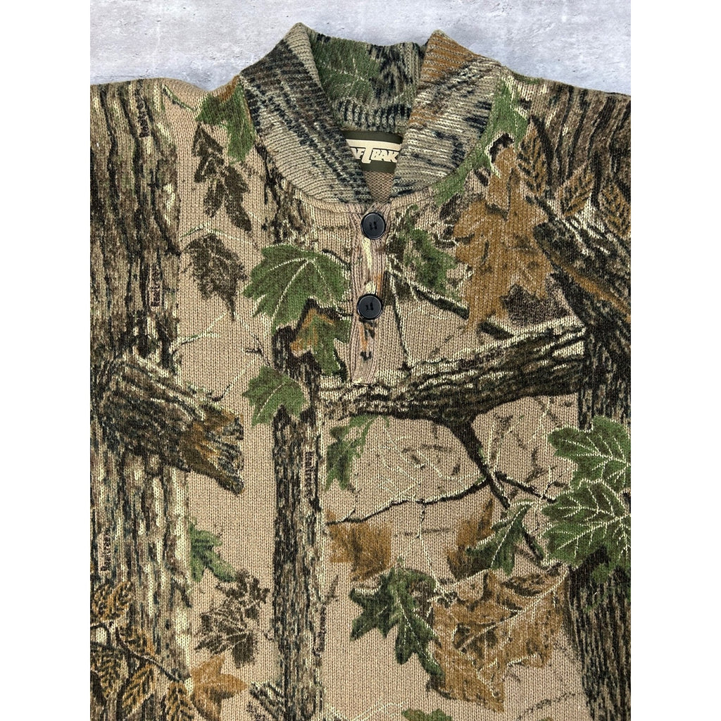 Vintage 80s/90s Saf-T-Bak Tree Camo Hunting 1/4 Button Knit Sweater Size 3XL