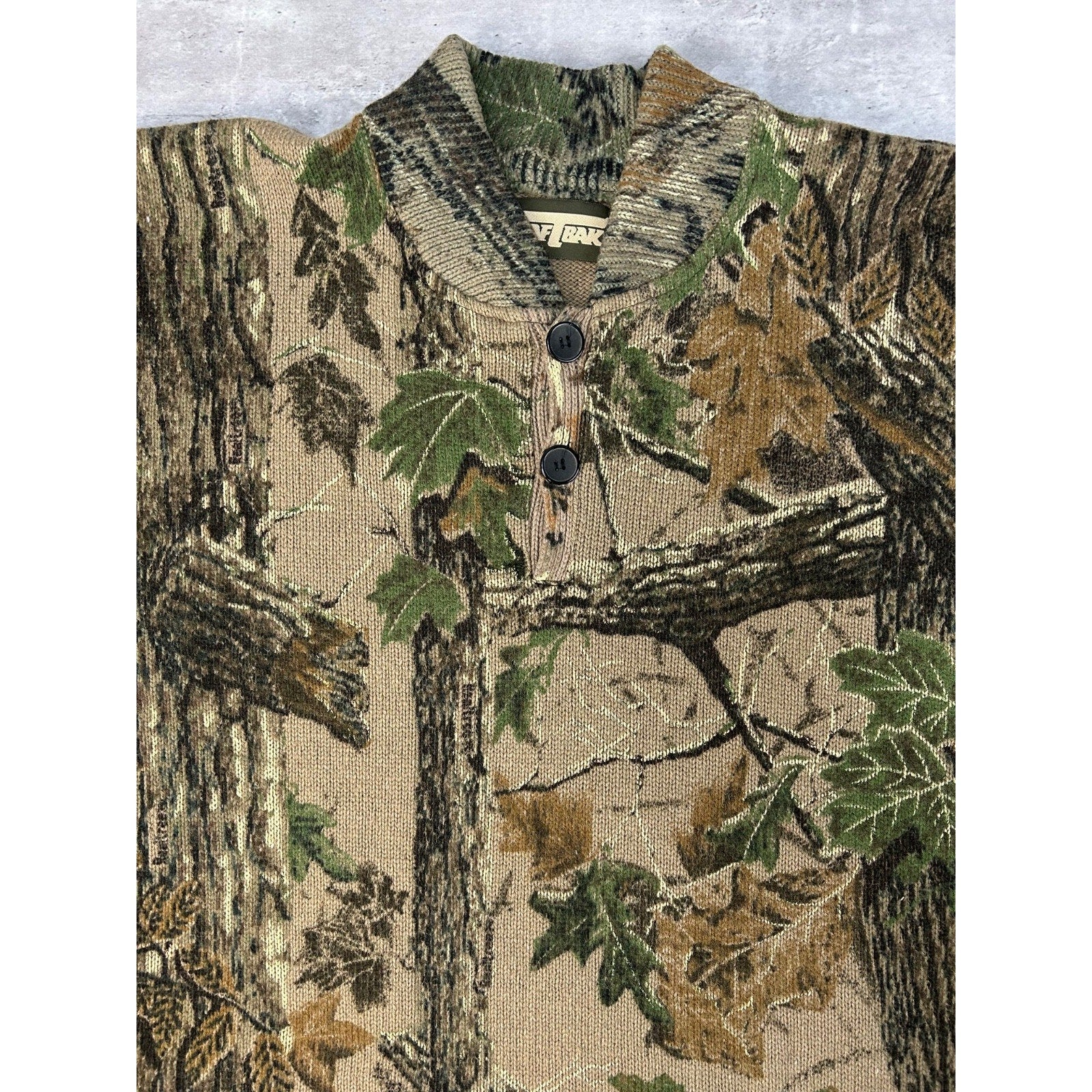 Vintage 80s/90s Saf-T-Bak Tree Camo Hunting 1/4 Button Knit Sweater Size 3XL