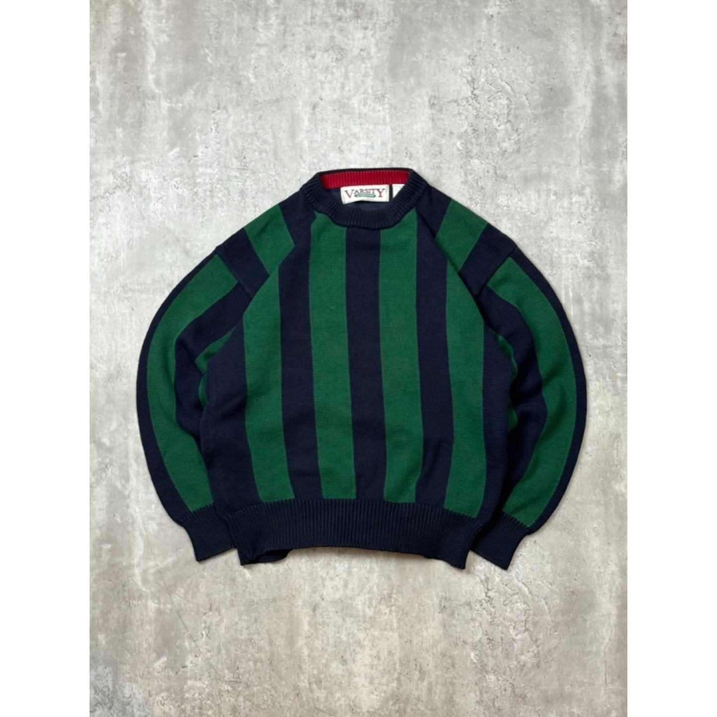 Vintage 90s Varsity Striped Pullover Ribbed Knit Sweater Size Medium Green/Blue