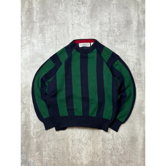 Vintage 90s Varsity Striped Pullover Ribbed Knit Sweater Size Medium Green/Blue